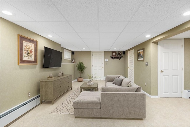 25 Rosewood Dr, North Providence, RI 02904 - living area featuring a baseboard heating unit, light carpet, a paneled ceiling, and recessed lighting