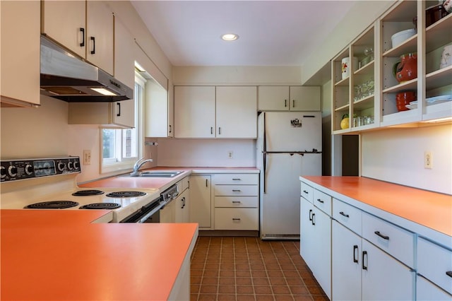 61 Bay View Rd, Charlestown, RI 02813 - kitchen featuring under cabinet range hood, white appliances, light countertops, open shelves, and recessed lighting