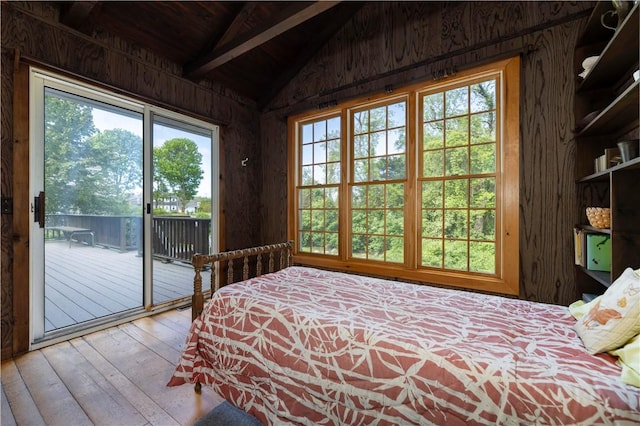 61 Bay View Rd, Charlestown, RI 02813 - bedroom featuring access to exterior, hardwood / wood-style flooring, multiple windows, wood walls, and wood ceiling