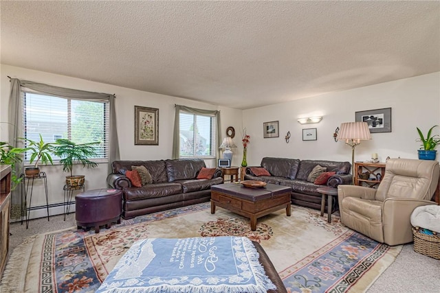 66 Girard Ave Unit 322, Newport, RI 02840 - carpeted living area with a textured ceiling and a baseboard heating unit
