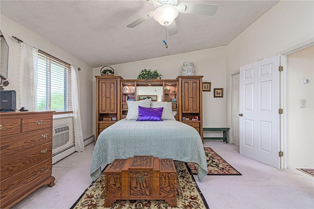 66 Girard Ave Unit 322, Newport, RI 02840 - bedroom featuring light carpet, lofted ceiling, a baseboard heating unit, a ceiling fan, and a wall mounted AC
