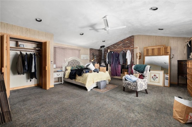 6 Lachance Ave, Warwick, RI 02889 - bedroom featuring a wood stove, lofted ceiling, carpet floors, a ceiling fan, and a closet