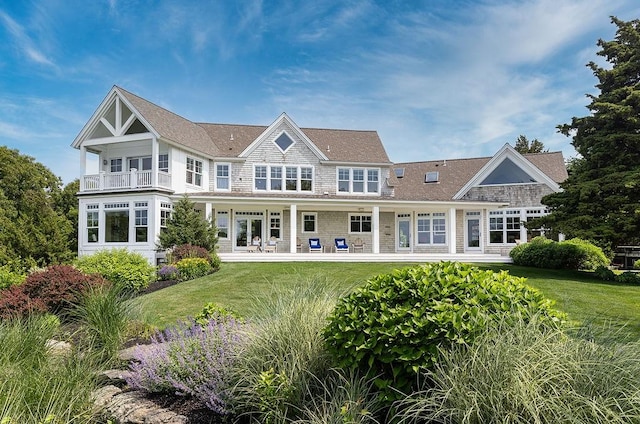 1003 Fort Getty Rd, Jamestown, RI 02835 - back of house featuring a balcony, a yard, and a shingled roof