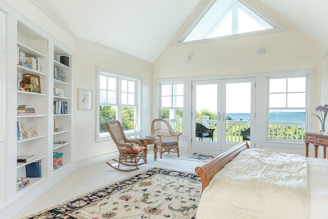 1003 Fort Getty Rd, Jamestown, RI 02835 - bedroom with french doors, access to outside, multiple windows, and high vaulted ceiling