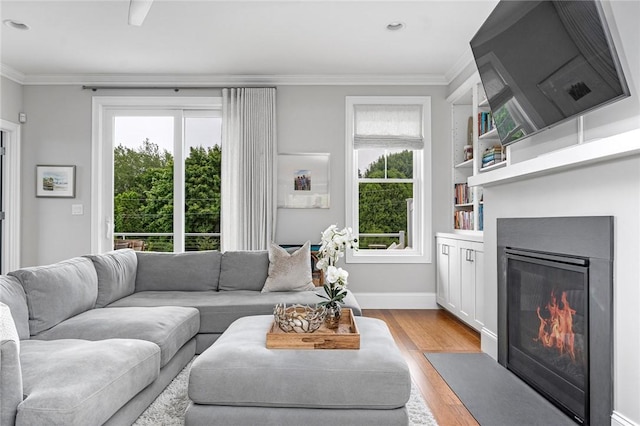 100 Algonquin Rd Unit 5, Narragansett, RI 02882 - living area featuring light wood finished floors, crown molding, plenty of natural light, a fireplace with flush hearth, and recessed lighting