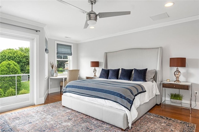100 Algonquin Rd Unit 5, Narragansett, RI 02882 - bedroom with wood finished floors, crown molding, ceiling fan, access to outside, and recessed lighting