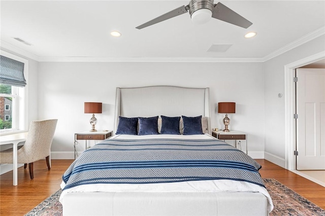 100 Algonquin Rd Unit 5, Narragansett, RI 02882 - bedroom with crown molding, wood finished floors, recessed lighting, and a ceiling fan