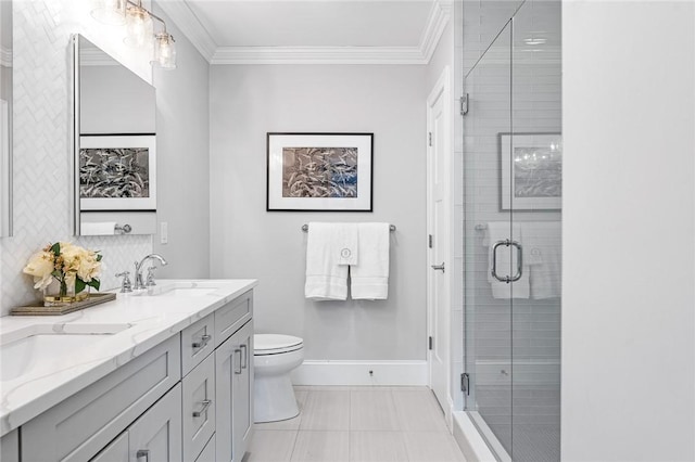 100 Algonquin Rd Unit 5, Narragansett, RI 02882 - bathroom featuring double vanity, ornamental molding, and a shower stall