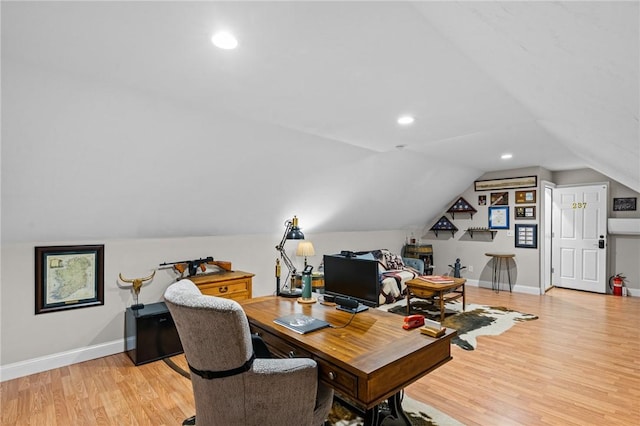 52 Pine Swamp Rd, Cumberland, RI 02864 - home office featuring light wood-style flooring, lofted ceiling, and recessed lighting