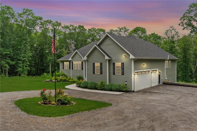 52 Pine Swamp Rd, Cumberland, RI 02864 - view of front of house with asphalt driveway, an attached garage, a yard, and roof with shingles