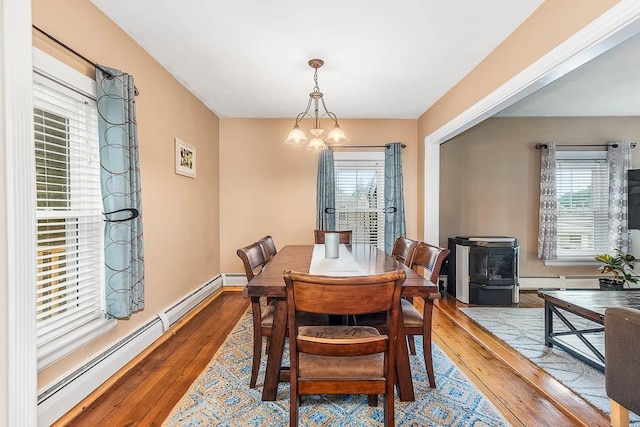 15 N St, Warwick, RI 02886 - dining room featuring a baseboard heating unit, wood-type flooring, a chandelier, and a wood stove