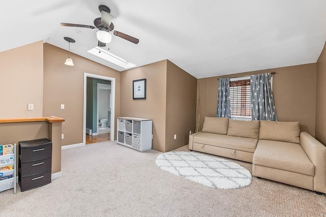 15 N St, Warwick, RI 02886 - living area featuring ceiling fan, lofted ceiling, carpet, and a skylight
