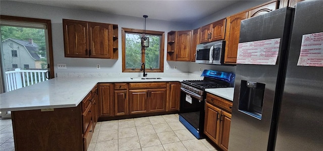 79 Cucumber Hill Rd, Foster, RI 02825 - kitchen with stainless steel appliances, open shelves, a peninsula, light countertops, and plenty of natural light
