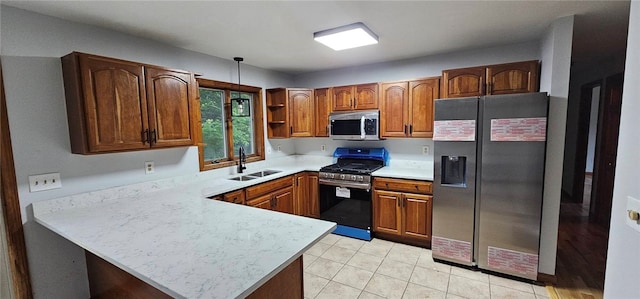 79 Cucumber Hill Rd, Foster, RI 02825 - kitchen featuring appliances with stainless steel finishes, a peninsula, light countertops, open shelves, and brown cabinetry