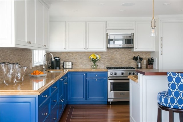19 Defenders Row Unit 19, Newport, RI 02840 - kitchen with stainless steel appliances, blue cabinets, white cabinetry, tasteful backsplash, and dark wood-type flooring