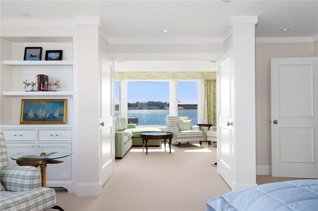 19 Defenders Row Unit 19, Newport, RI 02840 - bedroom featuring light colored carpet, a water view, and ornamental molding