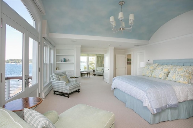 19 Defenders Row Unit 19, Newport, RI 02840 - bedroom with a chandelier, access to exterior, vaulted ceiling, carpet flooring, and french doors