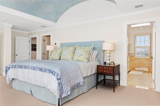 19 Defenders Row Unit 19, Newport, RI 02840 - carpeted bedroom with ornamental molding, ensuite bath, and vaulted ceiling
