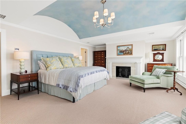 19 Defenders Row Unit 19, Newport, RI 02840 - carpeted bedroom featuring lofted ceiling, a chandelier, ornamental molding, and a fireplace