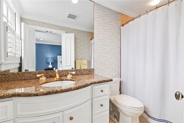 19 Defenders Row Unit 19, Newport, RI 02840 - full bath with crown molding, vanity, wallpapered walls, and curtained shower