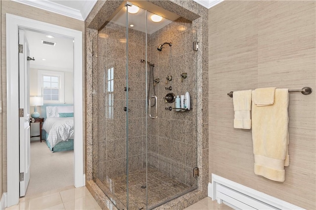 19 Defenders Row Unit 19, Newport, RI 02840 - bathroom with crown molding, a shower stall, ensuite bathroom, a baseboard heating unit, and tile patterned flooring