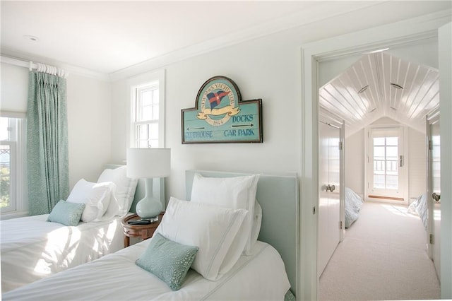 19 Defenders Row Unit 19, Newport, RI 02840 - bedroom with multiple windows, crown molding, carpet, and vaulted ceiling