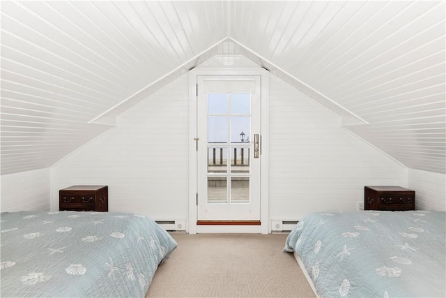 19 Defenders Row Unit 19, Newport, RI 02840 - bedroom with a baseboard heating unit, lofted ceiling, wood ceiling, and carpet floors