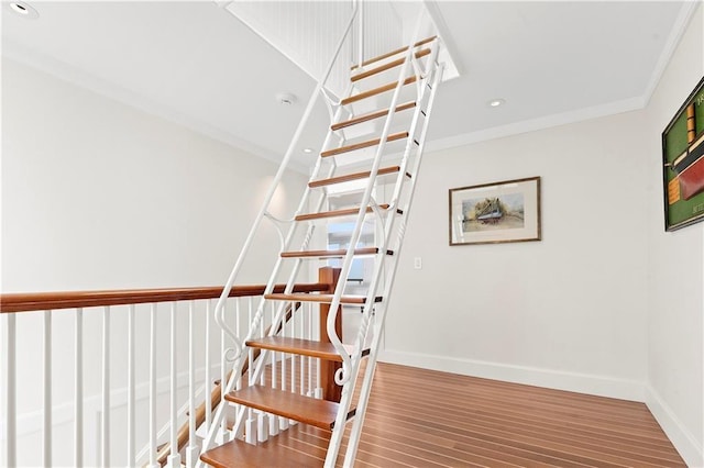 19 Defenders Row Unit 19, Newport, RI 02840 - stairs with wood finished floors, recessed lighting, and crown molding