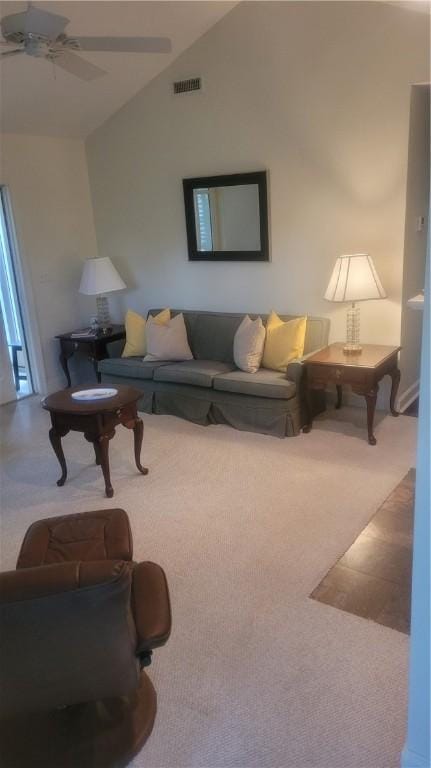 318 Corey Ln Unit 318, Middletown, RI 02842 - living room featuring carpet flooring, lofted ceiling, and ceiling fan