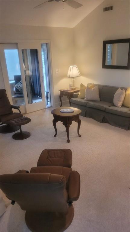 318 Corey Ln Unit 318, Middletown, RI 02842 - living room featuring carpet floors, lofted ceiling, and ceiling fan