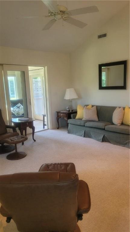 318 Corey Ln Unit 318, Middletown, RI 02842 - carpeted living area featuring vaulted ceiling and ceiling fan