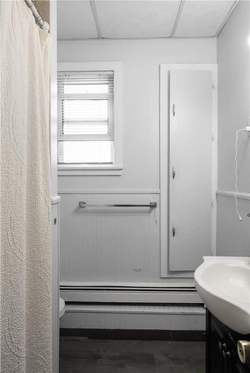 35 Fountain St, Pawtucket, RI 02860 - full bath with vanity, a paneled ceiling, and a shower with curtain