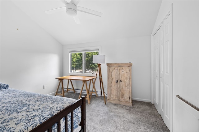 267 Fishing Cove Rd, North Kingstown, RI 02852 - bedroom featuring vaulted ceiling, carpet flooring, a closet, a ceiling fan, and a baseboard heating unit