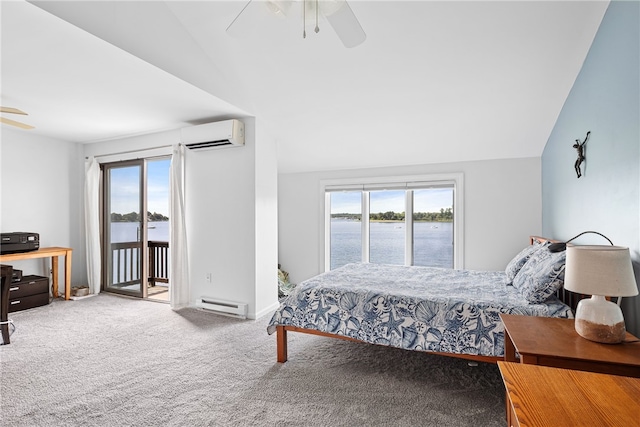 267 Fishing Cove Rd, North Kingstown, RI 02852 - carpeted bedroom with a wall mounted AC, baseboard heating, access to exterior, multiple windows, and lofted ceiling