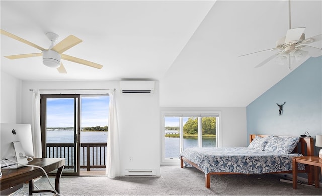 267 Fishing Cove Rd, North Kingstown, RI 02852 - carpeted bedroom featuring an AC wall unit, a baseboard radiator, access to exterior, a water view, and a ceiling fan