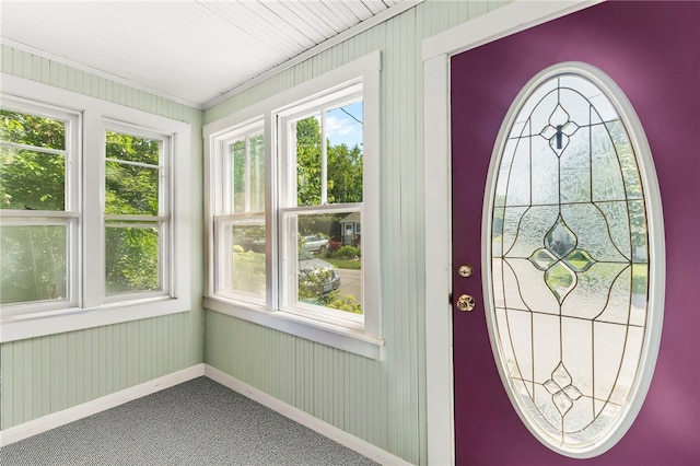 4 S Cornell Ave, Warren, RI 02885 - carpeted entrance foyer featuring baseboards and wood walls