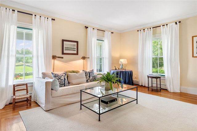 68 Grange Ave, Little Compton, RI 02837 - living area with healthy amount of natural light, wood finished floors, baseboard heating, and ornamental molding