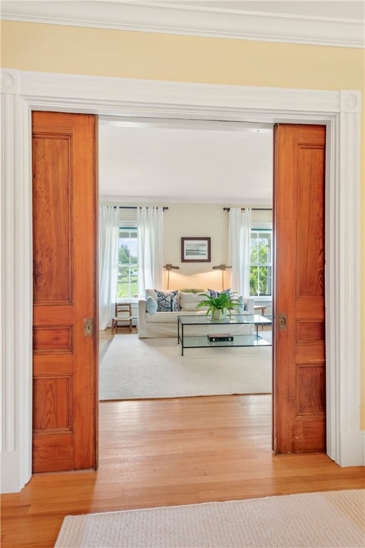 68 Grange Ave, Little Compton, RI 02837 - corridor with healthy amount of natural light, wood finished floors, and ornamental molding