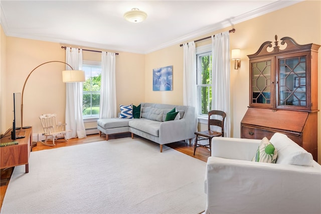 68 Grange Ave, Little Compton, RI 02837 - living room with wood finished floors, healthy amount of natural light, crown molding, and a baseboard heating unit