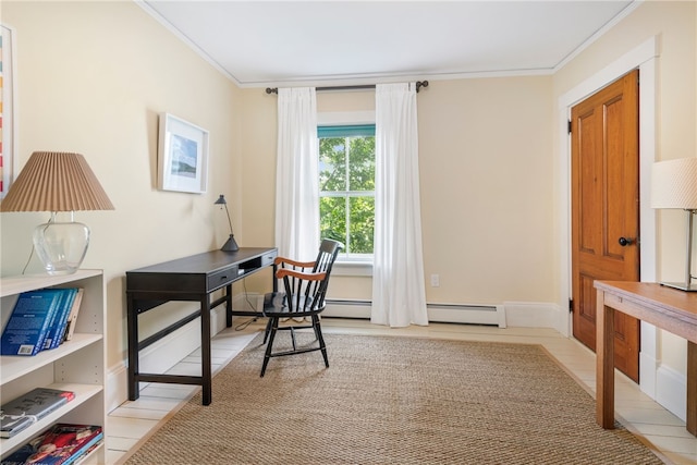 68 Grange Ave, Little Compton, RI 02837 - home office with ornamental molding, light tile patterned flooring, and baseboard heating