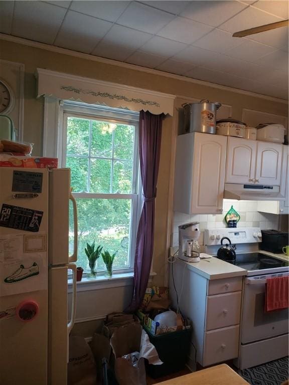 106 Langdon St, Providence, RI 02904 - kitchen featuring white appliances, under cabinet range hood, crown molding, light countertops, and white cabinetry