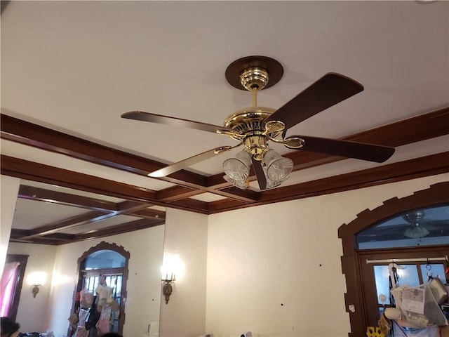 106 Langdon St, Providence, RI 02904 - detailed view of a ceiling fan, beamed ceiling, and coffered ceiling