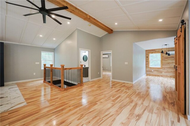 154 Foster Center Rd, Foster, RI 02825 - spare room featuring light wood finished floors, a barn door, ceiling fan, and recessed lighting