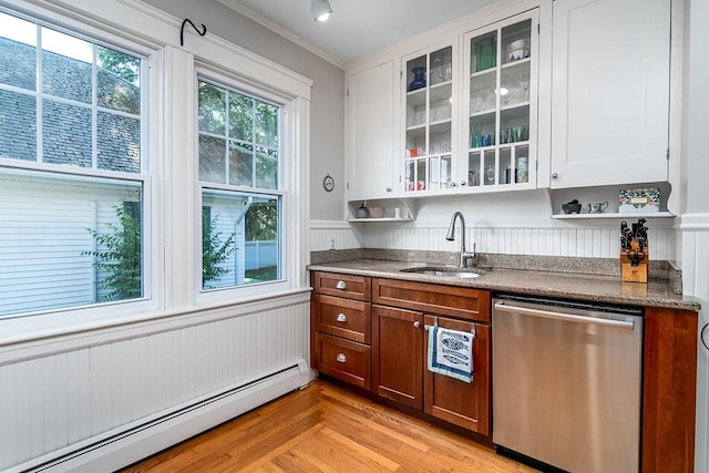 25 Sheffield Ave, North Providence, RI 02911 - kitchen featuring stainless steel dishwasher, baseboard heating, wainscoting, glass insert cabinets, and ornamental molding