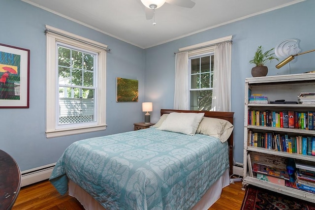 25 Sheffield Ave, North Providence, RI 02911 - bedroom with a baseboard radiator, wood finished floors, ornamental molding, and ceiling fan