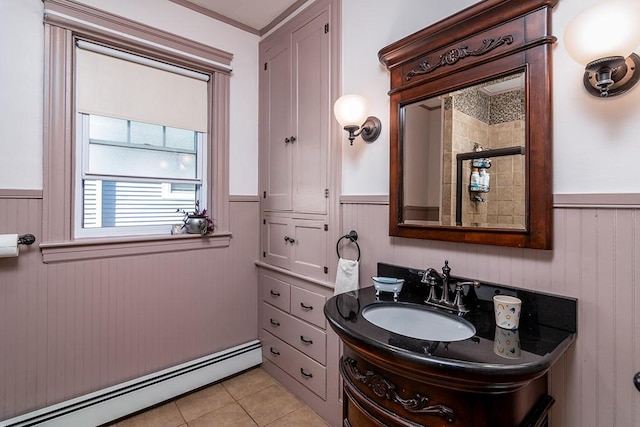 25 Sheffield Ave, North Providence, RI 02911 - full bathroom with wainscoting, baseboard heating, a tile shower, wooden walls, and tile patterned floors