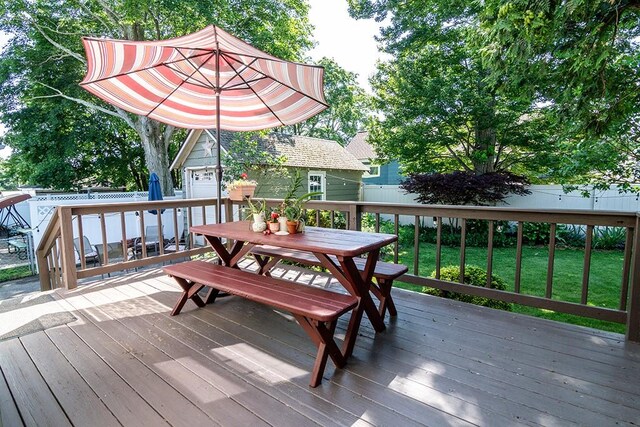 25 Sheffield Ave, North Providence, RI 02911 - wooden deck with outdoor dining area, an outbuilding, and a fenced backyard