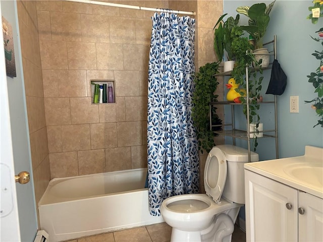 271 Union Ave, Providence, RI 02909 - full bathroom featuring shower / bath combo with shower curtain, vanity, tile patterned flooring, and a baseboard heating unit