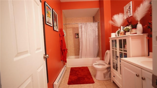 271 Union Ave, Providence, RI 02909 - full bath with baseboard heating, vanity, tile patterned flooring, and shower / bathtub combination with curtain