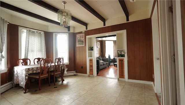 271 Union Ave, Providence, RI 02909 - dining room featuring wooden walls, beam ceiling, and a baseboard radiator